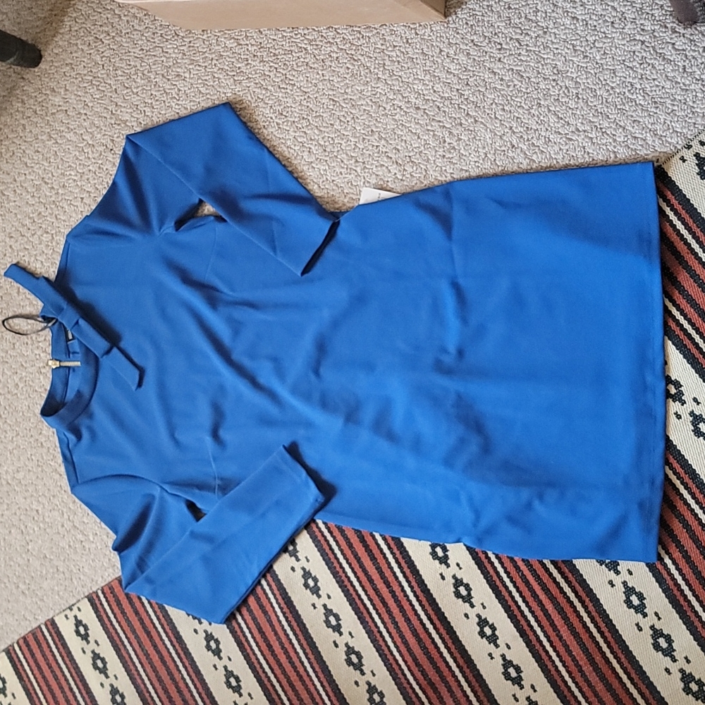 Nina Leonard Blue High Tie Neck Dress